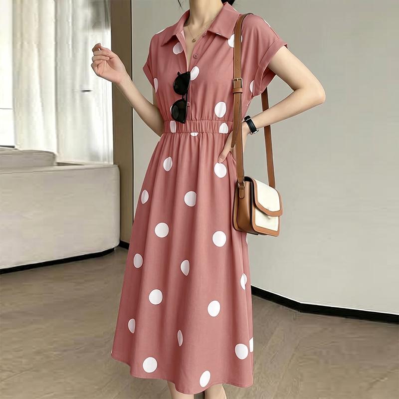 ZANZEA Women Casual Turn Down Collar Loose Short Sleeve Polka Dot Print Dress