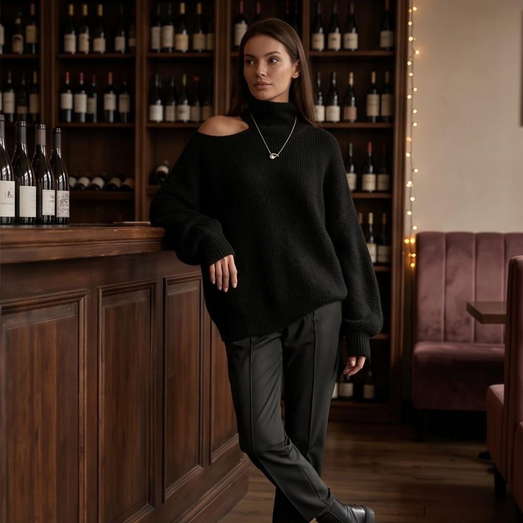 Women's Casual Oversized Knit Pullover Sweater with Asymmetric Neckline and Puff Sleeves