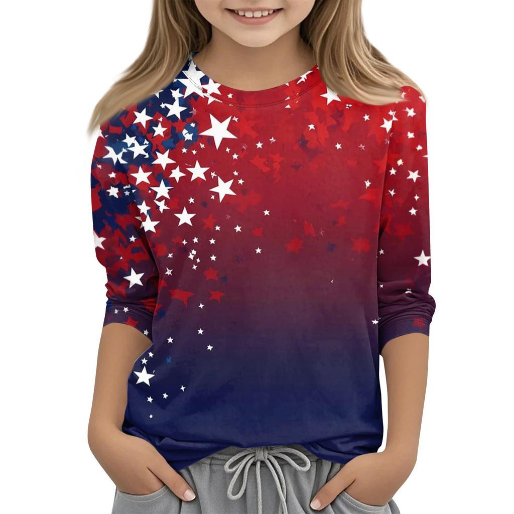 Dziecięce bluzki z rękawem 3/4, casualowy T-shirt z nadrukiem, okrągły dekolt, bluzka typu pulower