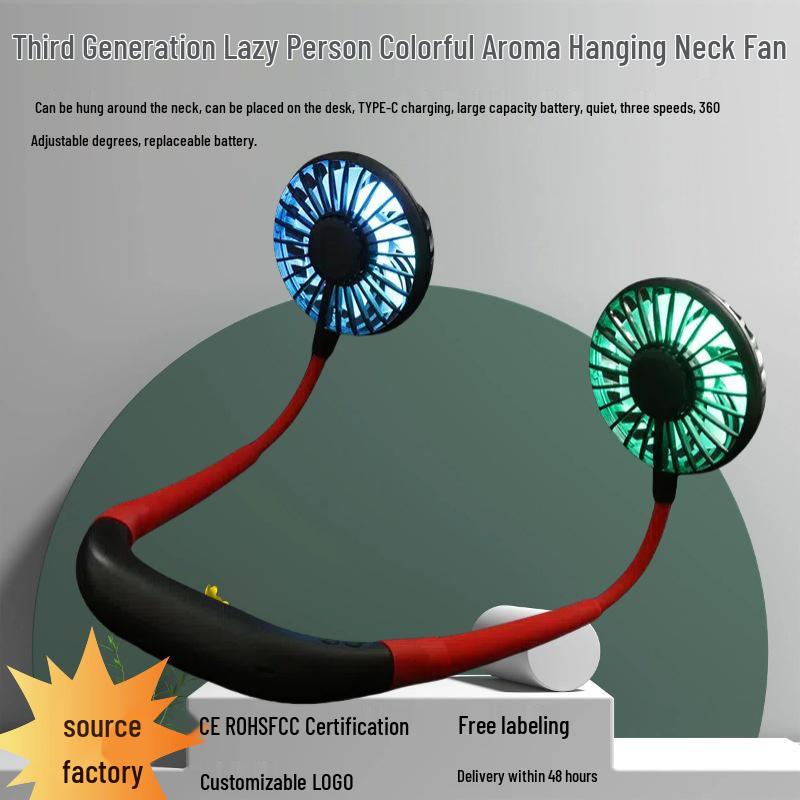 Third Generation Portable Neck Fan with Aromatherapy, Long-lasting Replaceable Battery, Silent Operation, and USB Charging.