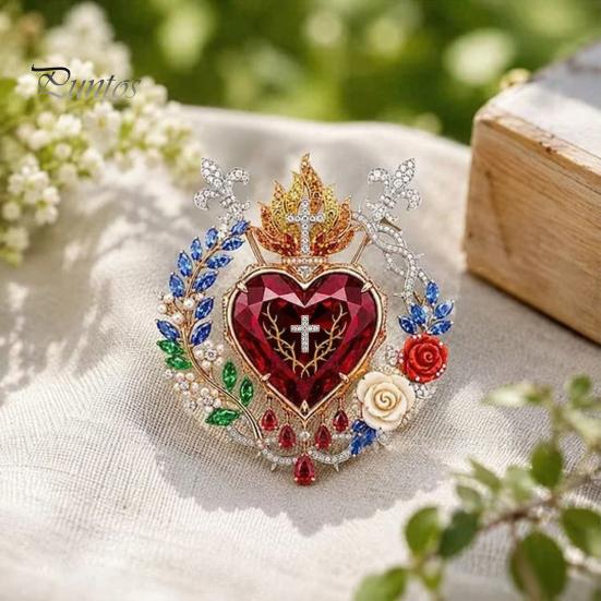 Devotional Jewelry Gift 1/2Pcs Radiant Sacred Heart Floral Faux Gemstone Brooch, Christian Pin for Women, Vintage Style Religious Pin, Coat