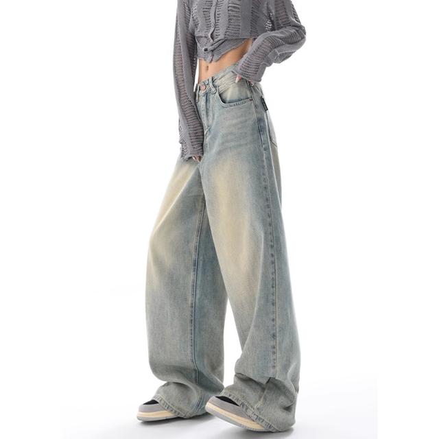 Y2K Blå Jeans til Kvinder Høj Talje Amerikansk Street Wide Leg Bukser Hip Hop Vintage Lige Efterårsbukser