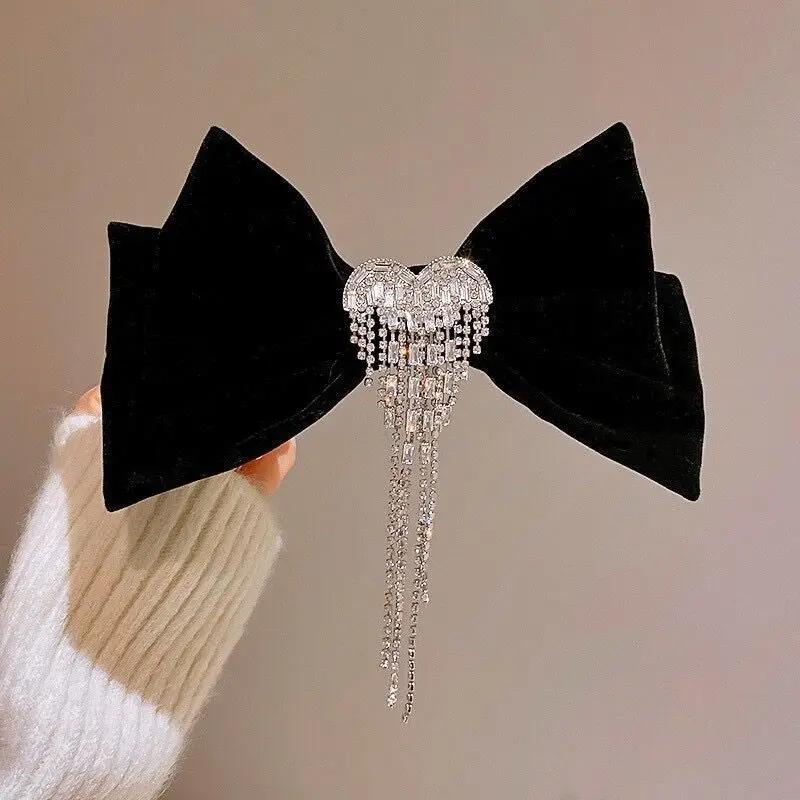 

Velvet Bow Hair Clips Rhinestone Heart-shaped Tassel Hairpins Elegant Bride Wedding Headwear Girls Hair Accessories for Women чорний