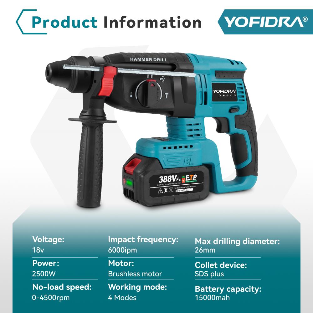 Yofidra 26MM Brushless Electric Hammer Drill Multifunctional Rotary Cordless Rechargeable Power Tools For 21V 18V Battery