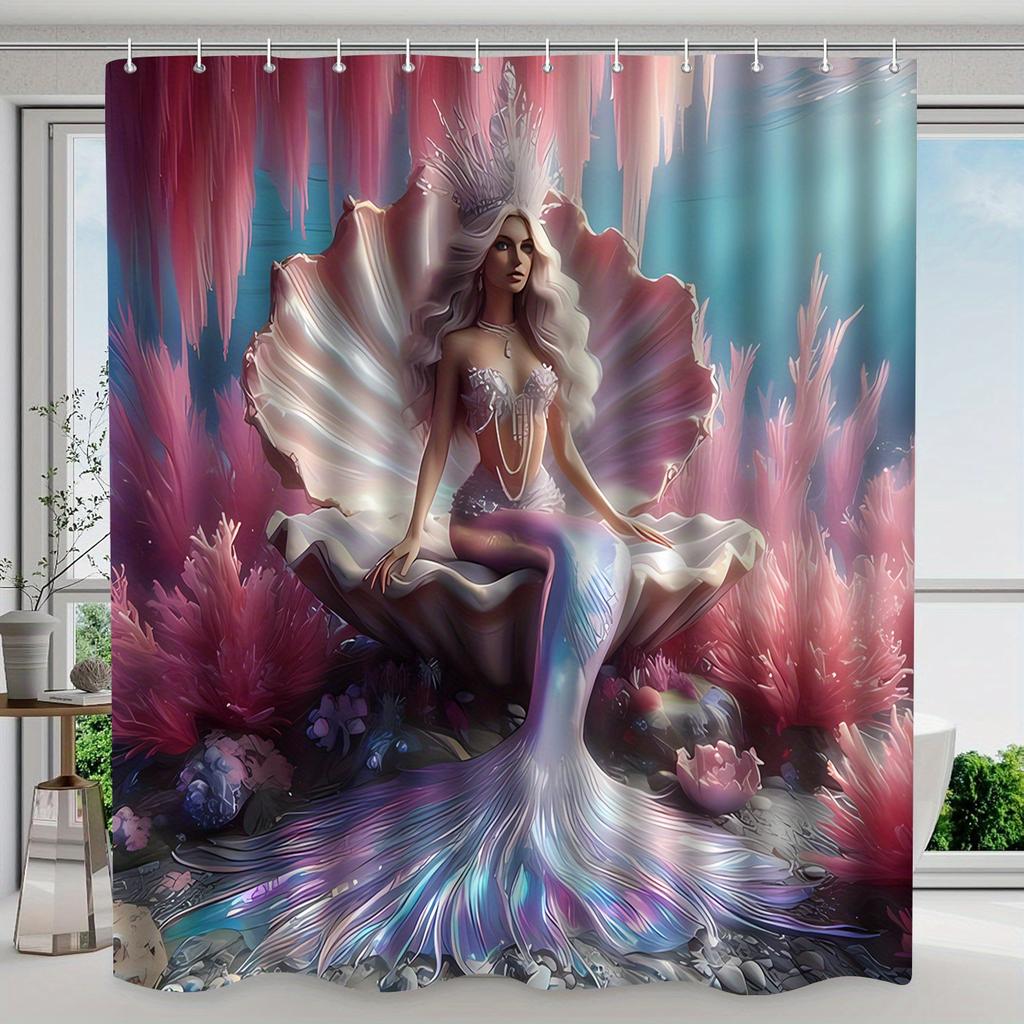 Mermaid Shower Curtain Fantasy Sea Princess Art Shell Throne Design Magical Ocean Decor Waterproof Printed Bath Curtain Home