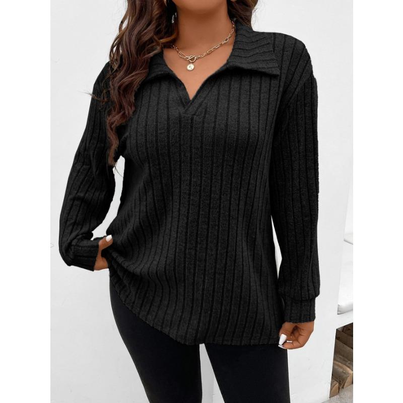 

Осінньо-зимовий одноколірний жіночий топ із V-образним відворотом і довгими рукавами в смужку, вільний вільний пуловер L чорний
