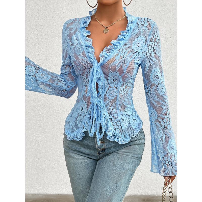 Women's Sexy Slim Long-sleeved Lace Lace Top Blouse