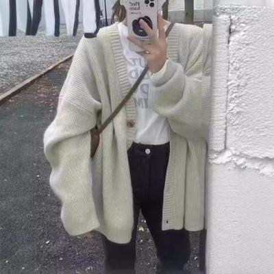 Autumn and Winter V-neck Loose Soft Waxy Solid Color Knitted Cardigan Sweater Casual Versatile Lazy Style Design Women's Coat