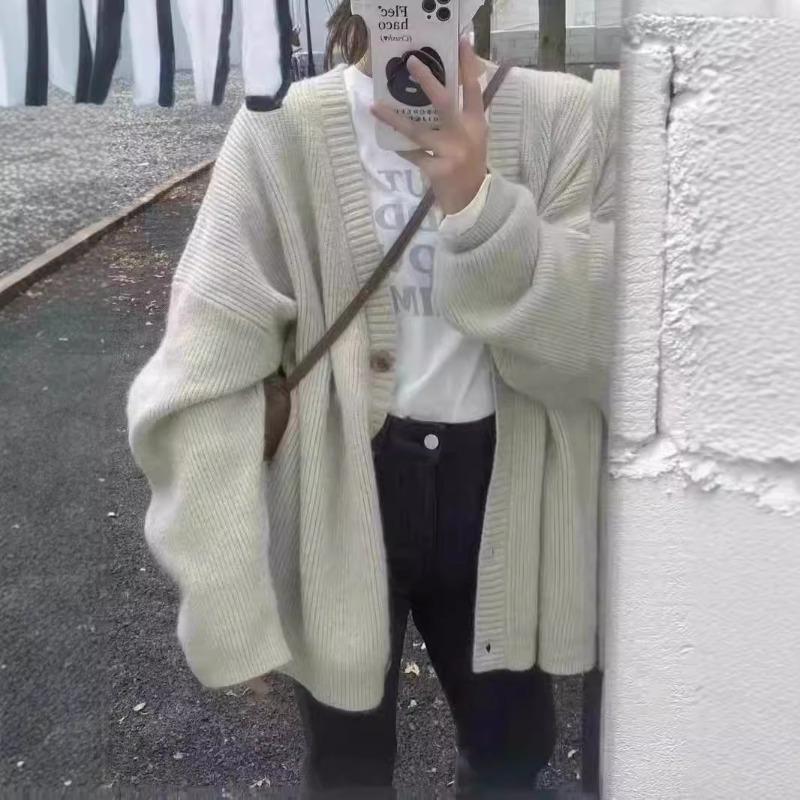 Autumn and winter V-neck loose soft waxy solid color knitted cardigan sweater casual versatile lazy style design women's coat