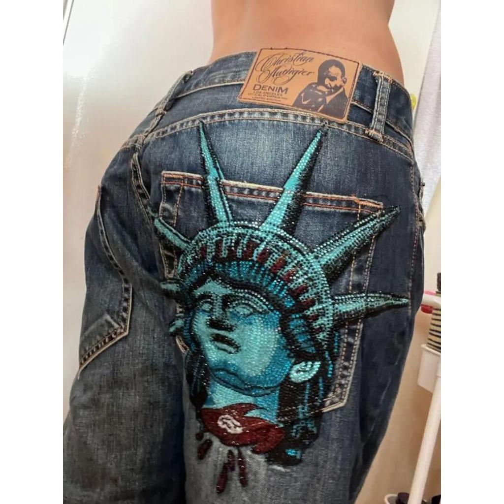 BeatStreet Vintage Statue of Liberty Diamonds Jeans Casual Denim Pants High Waist Straight Wide Leg Jeans Harajuku Y2k 2000s Women Clothing