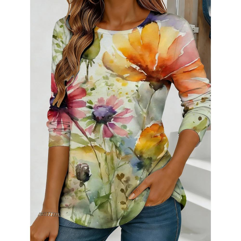 Flower Printing Versatile Comfortable Long Sleeve Fashion Loose Pullovers Long Sleeves Women’s