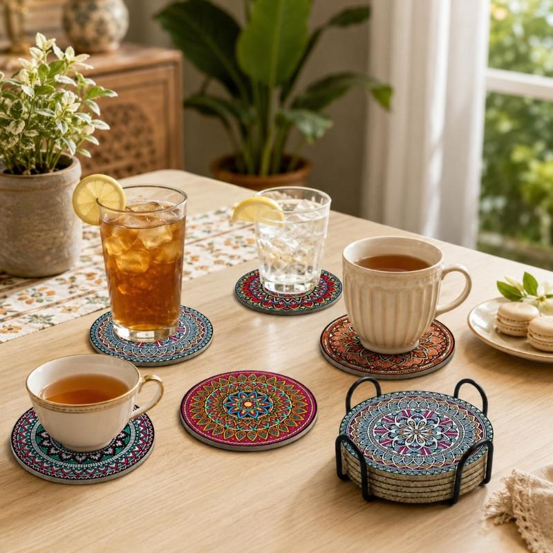 Round Cup Guard Set with Rack, 6 Piece Guard Set for Glasses and Cups, Styled Accent for Dining Tables and Coffee