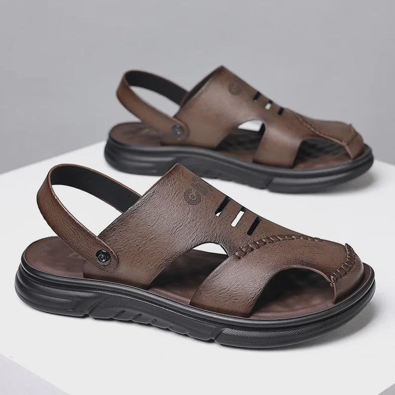 Men's Genuine Leather Summer Sandals – Breathable, Casual, Soft Beach Shoes for Outdoor Wear