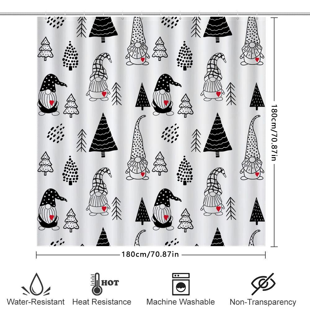 Modern Nordic Christmas-Themed Bathroom Shower Curtain Featuring Black And White Woodland Gnomes With Red Hearts For A Festive T