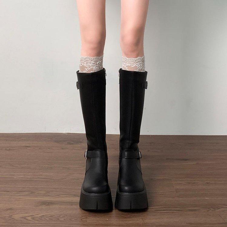 Long tube boots for women 2026 new spring/summer retro French thick soled black knight boots for women