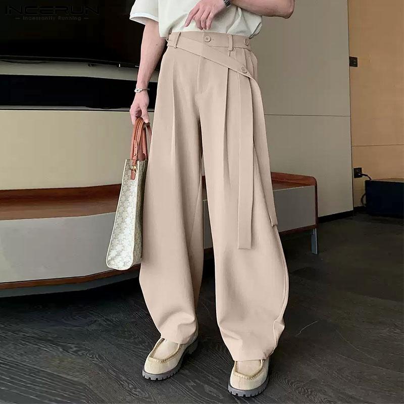

INCERUN S-5XL High Waist Belt Lace Up Pants Casual Long Straight Trousers L чёрный