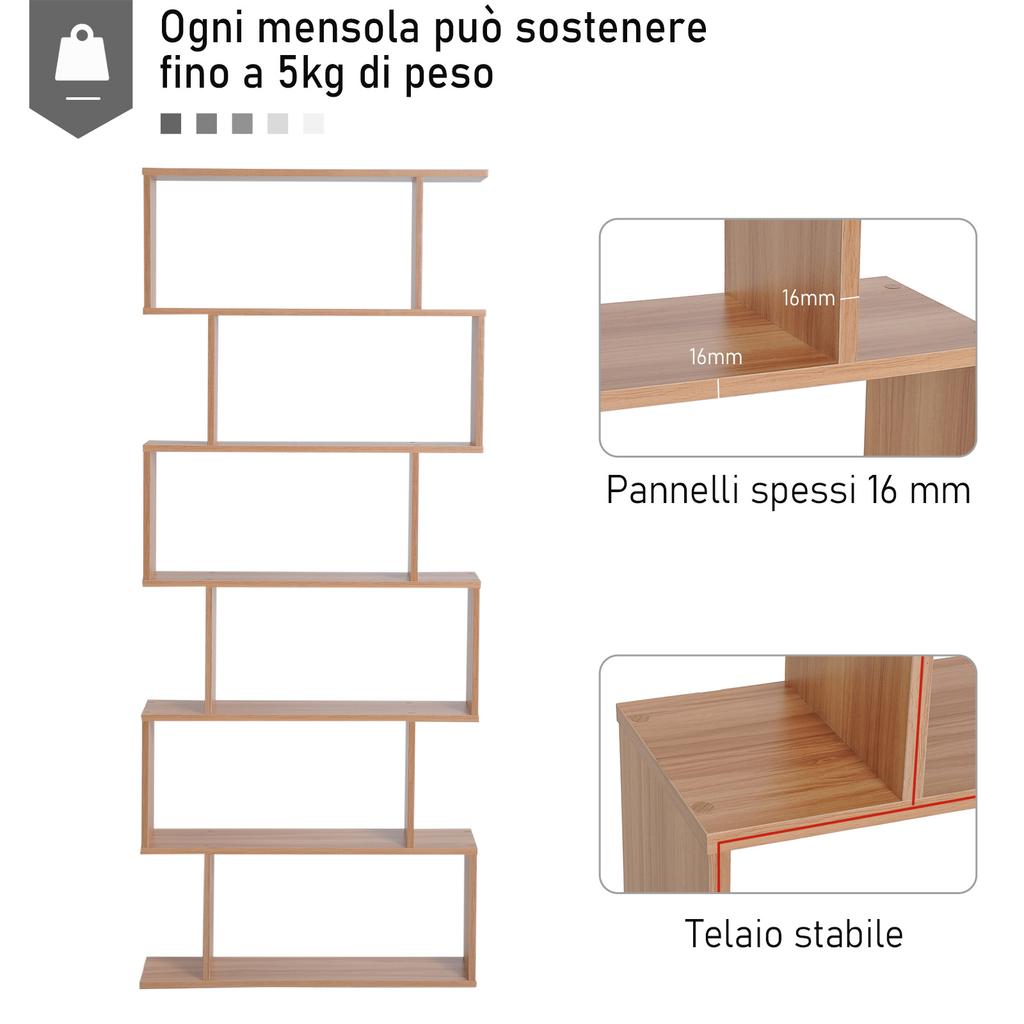 Libreria, Libreria S-Shaped a 6 Ripiani, Unità di Archiviazione, Scaffale Espositore per Soggiorno, Camera da Letto, Studio, Piante, Acero