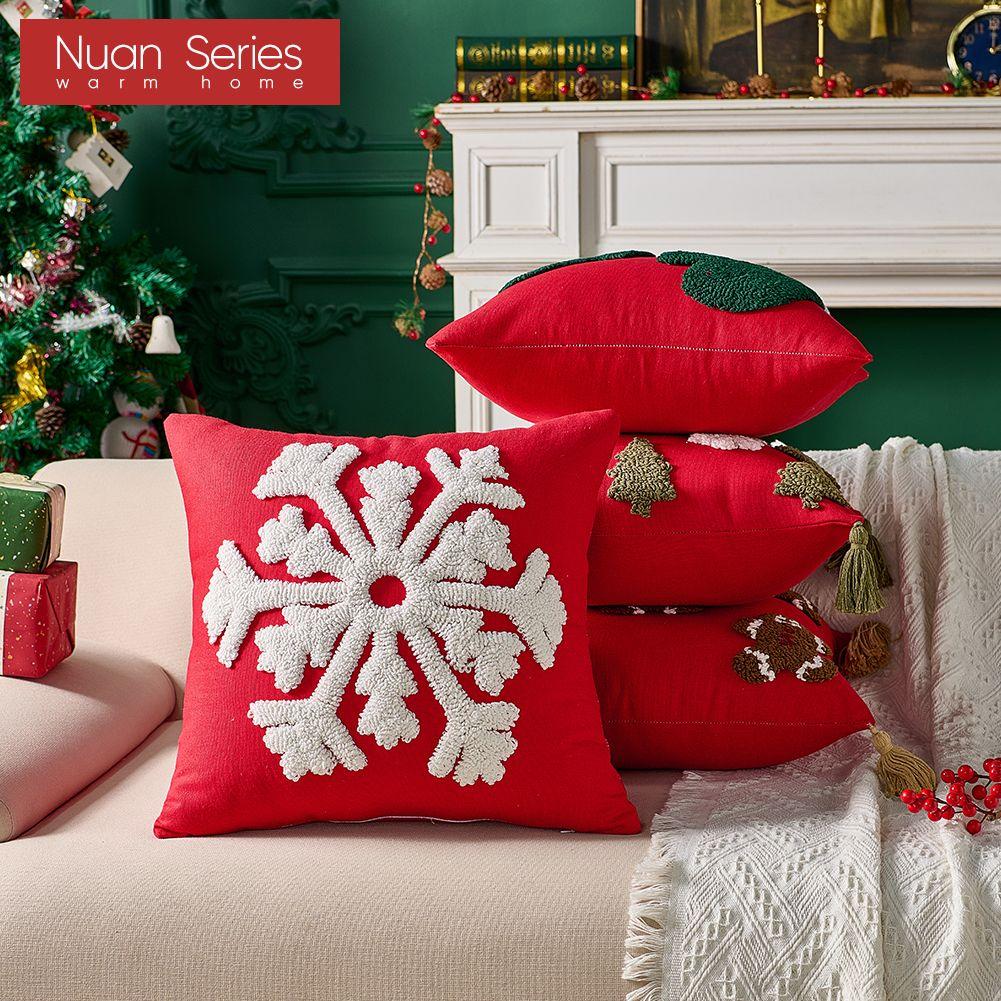 1PC Nuan Series Fashionable and Versatile Christmas Style Red Pillowcase Plush Embroidery Soft Cushion Cover for Sofa Living Room Bedroom Home Decor