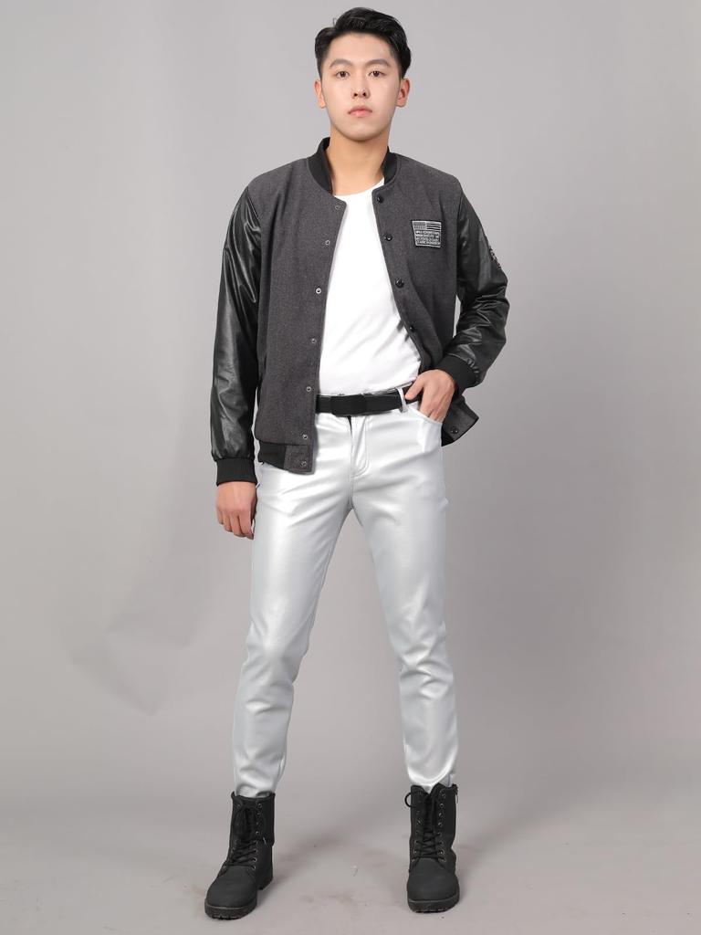 [East Rain] Silver Leather Pants, Pencil Trousers, PU Motorcycle Pants,