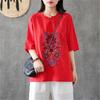 Vintage Embroidered Loose Fit V-neck Short Sleeve Cotton Linen T-Shirt Women Top