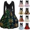 Women's Casual V-Neck Long Sleeve Vintage Christmas Print Dress for Holiday Party