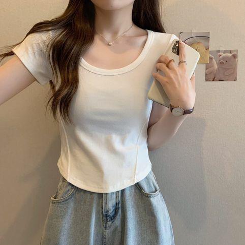 

Коварная женская летняя футболка с U-образным вырезом и короткими рукавами, новый дизайн, декоративная линия, облегающая и тонкая нижняя рубашка S
