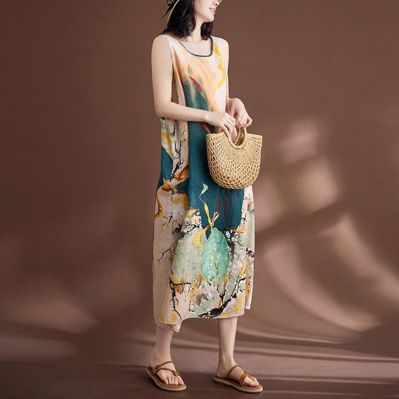 Sukienka Plus Size dla kobiet Bambusowa bawełniana lniana styl wiejski Świeże pozycjonowanie Sukienki z kamizelką w kwiaty