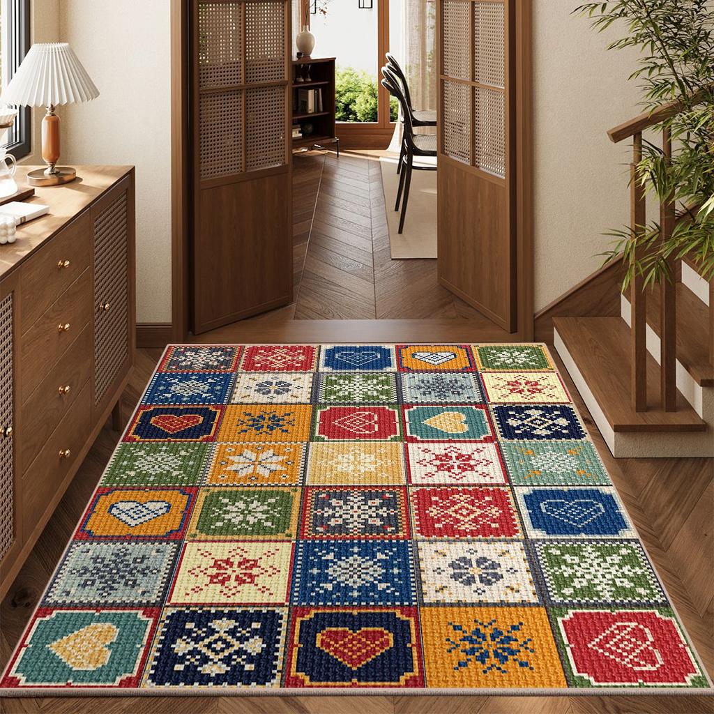 Vintage Patchwork Carpet Colorful Geometric Floral Pattern Rug Mat for Living Room Bedroom Home Decoration Modern Indoor Area