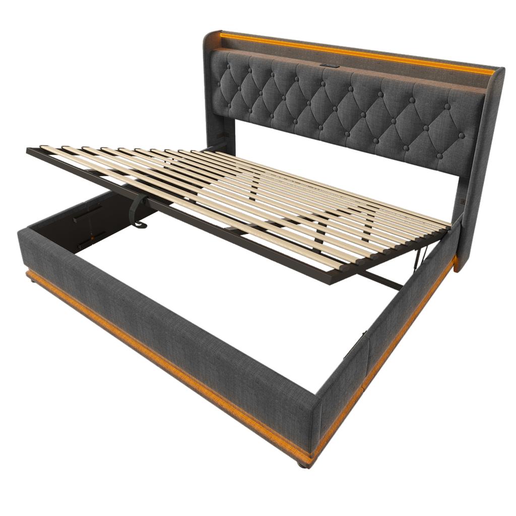 (=AB20315455G)Čalouněná postel 180x200 cm, Šedá, Funkce LED s dálkovým ovládáním/aplikací, Hydraulický úložný prostor, Čelo postele s USB Type-C (Bez matrace)