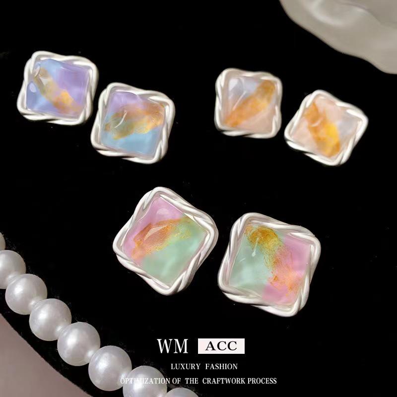 2024 Sparkling Colorful Square Stud Earrings - High-End French Design, Light Luxury Style