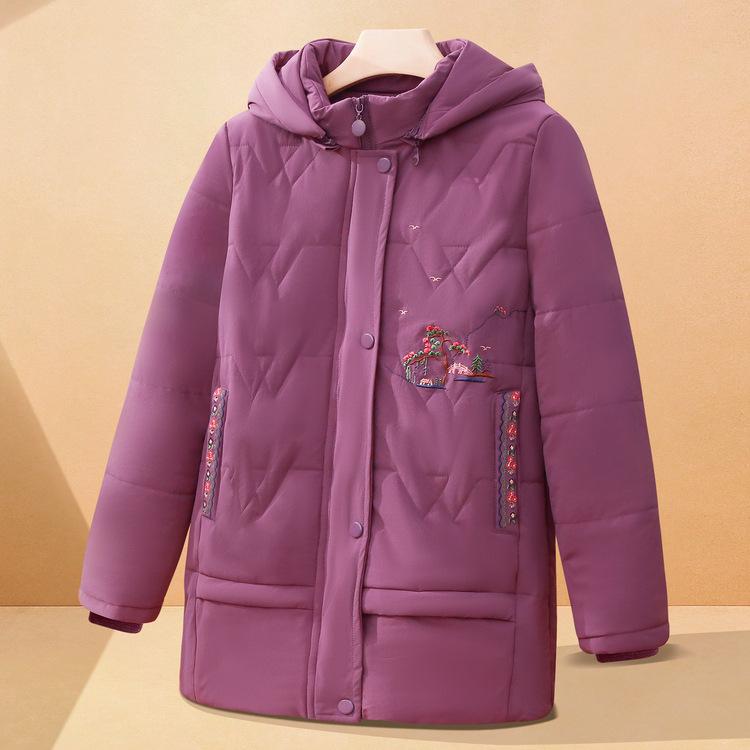 Middle-aged Mother Winter Loose Coat Medium and Long Winter Color Grandma Padded Jacket with Hat