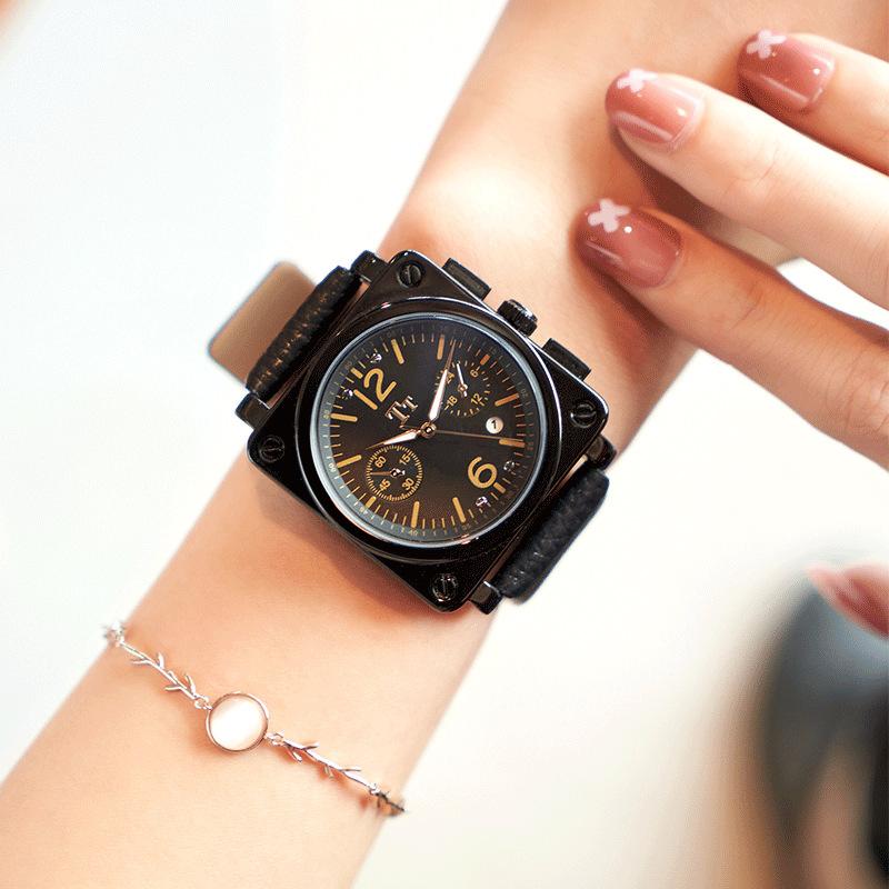 Square Fashion Trend Large Dial Calendar Waterproof Watch Female, Wind Pilot Army Men'S Watch