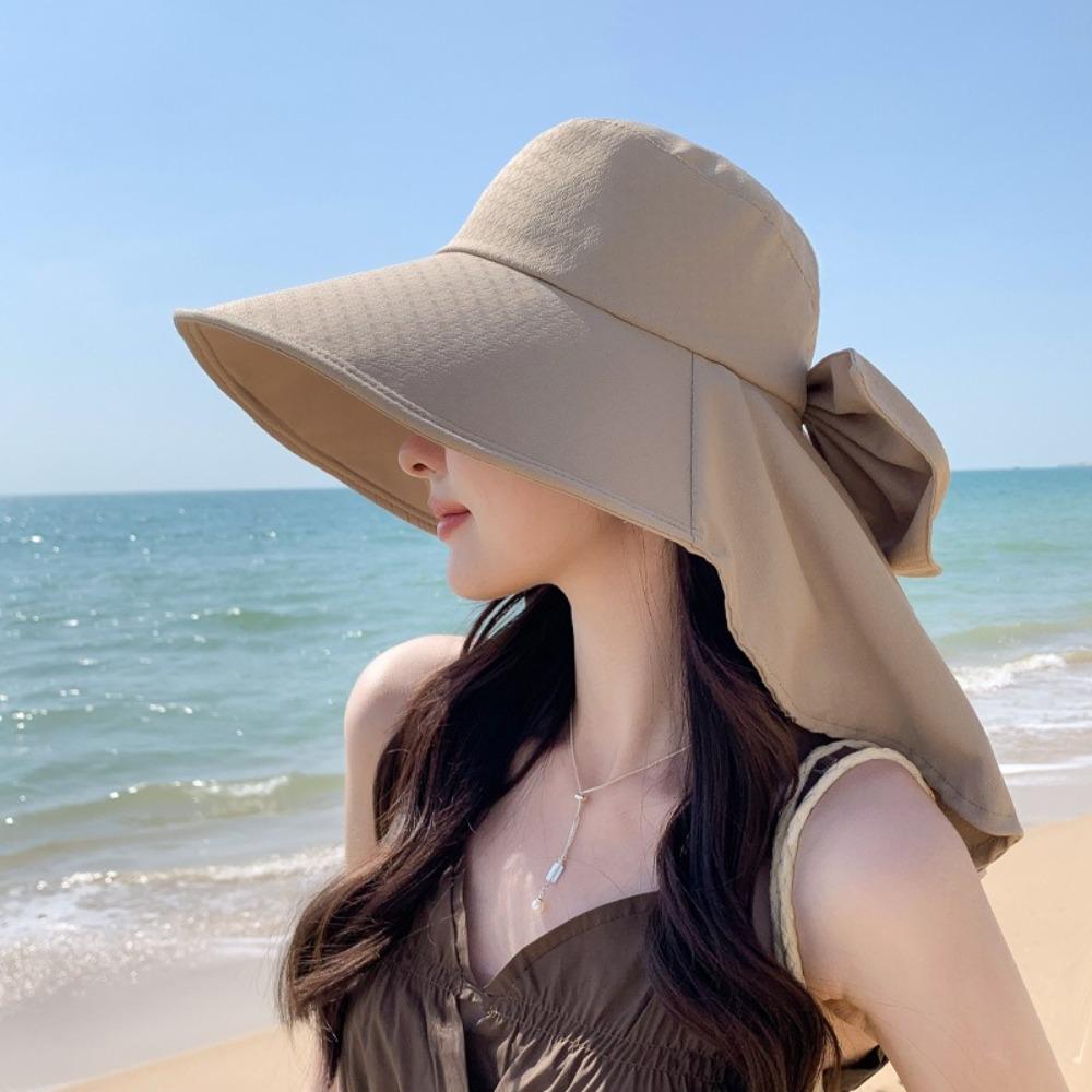New Neck Protection Shawl Beach Cap Breathable Wide Brim Bucket Hat Bow Anti-UV Fisherman Hat Women