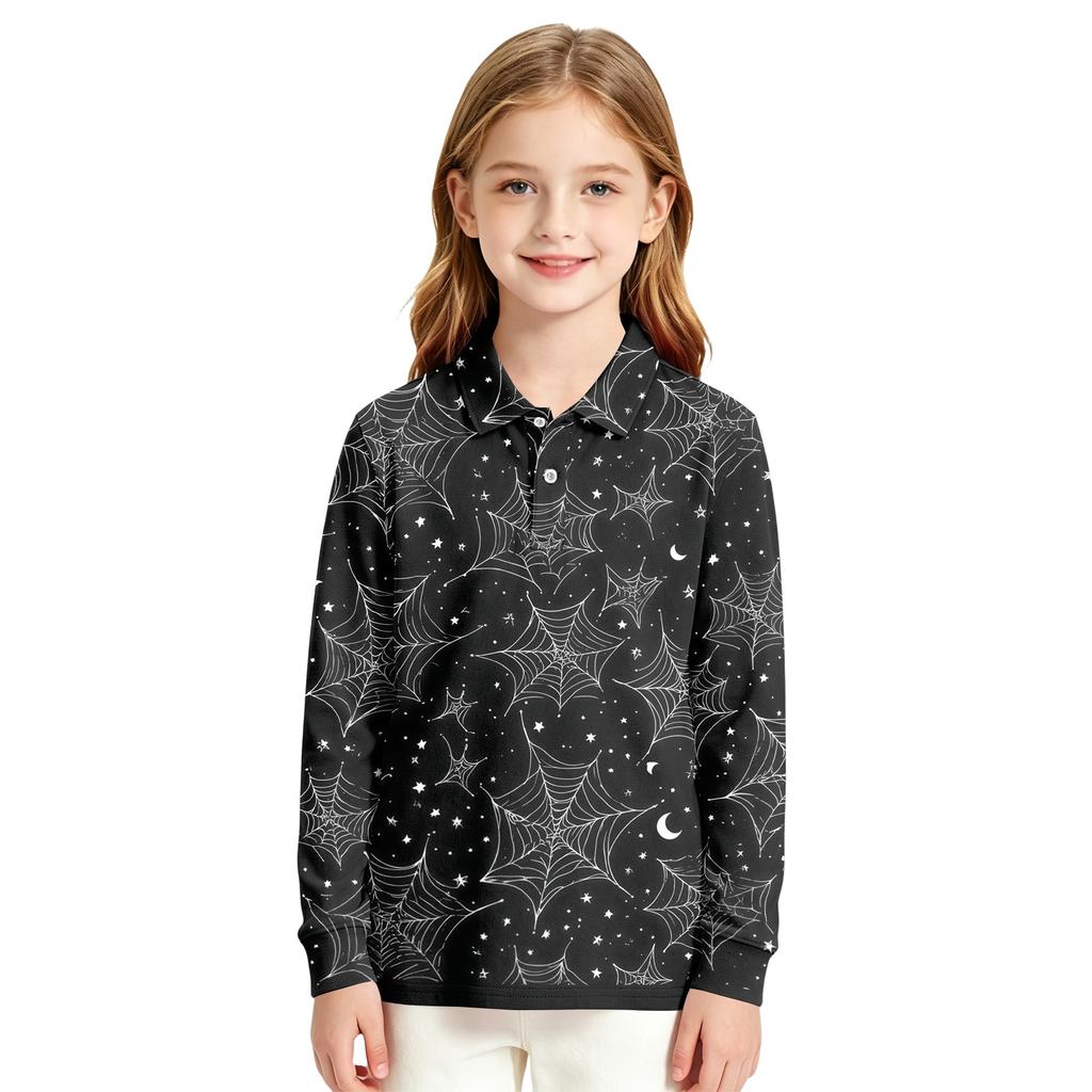 Girls School Uniform Top with Halloween Print Long Sleeve Casual Blouse for Daily Wear