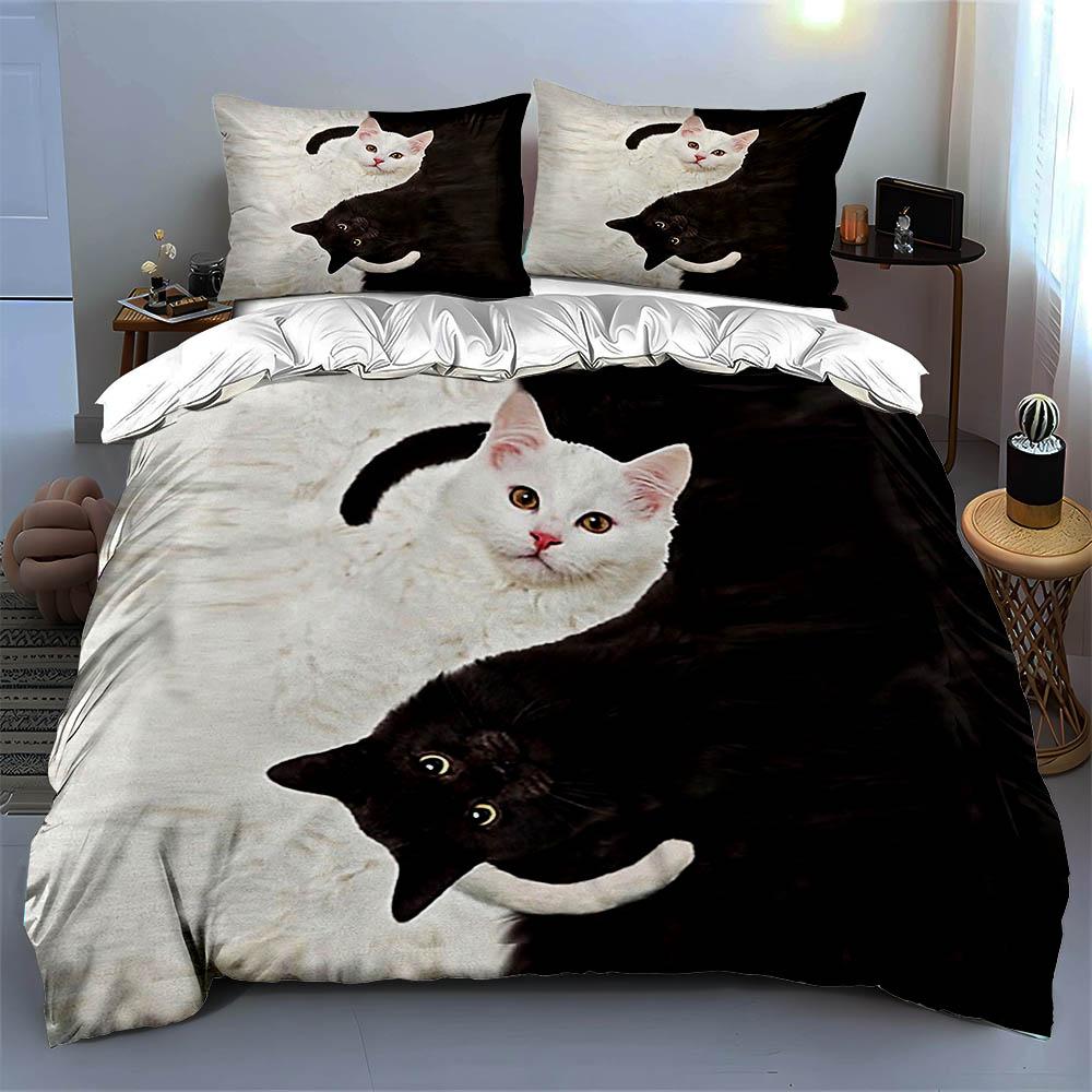 Contrast cat duo Bedding Duvet cover sets Duvet covers Pillowcases gifts (1 * Duvet Cover 2 * Pillowcases, without duvet insert)