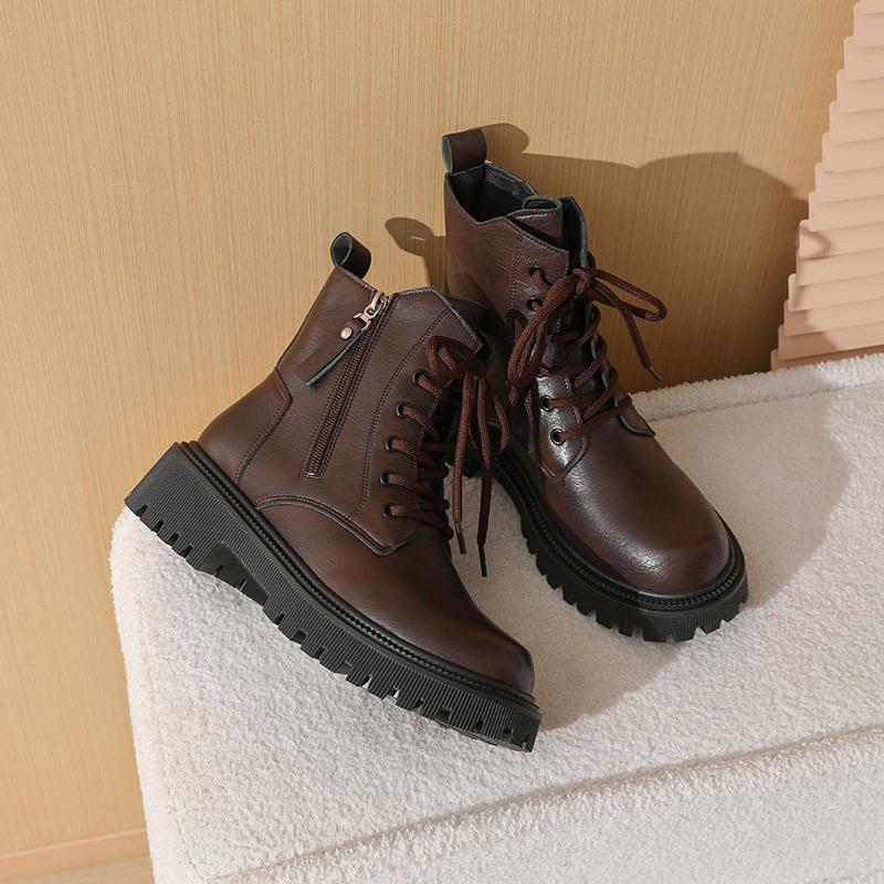 Women’s Winter Boots Casual Brown Short Motorcycle Boots Street Style Black Warm Ankle Boots with Fur Plus Size