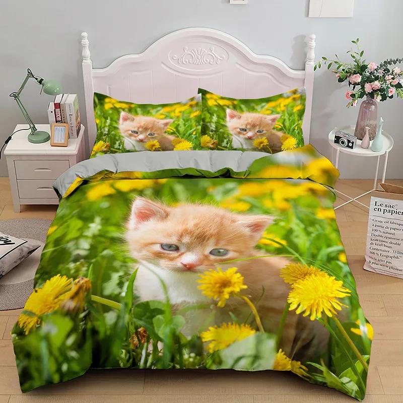 Cat Flowers King Queen Duvet Cover 3D Pet Kitty Floral Bedding Set Teens Adult Yellow Chrysanthemum 2/3pcs Polyester Quilt Cover