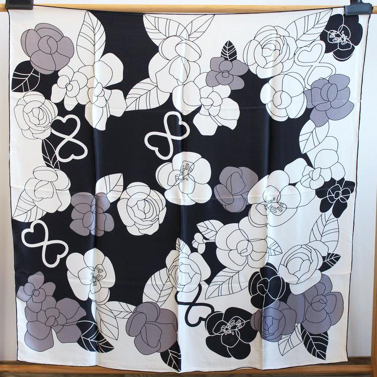 Simple Camellia Classic Black And White Gray Color Scheme Hand Curled Mulberry Silk Versatile Silk Plain Crepe Satin Large Square Scarf Silk Scarf