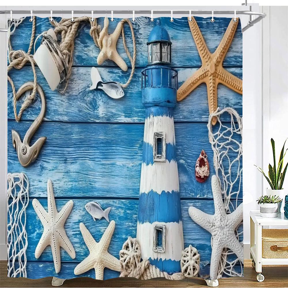 

Mediterranean Style Shower Curtain Bath Curtain Blue Ocean Lighthouse Printed Bathroom Curtains For Home Decoration Curtain W60H190(CM)-1 Pcs