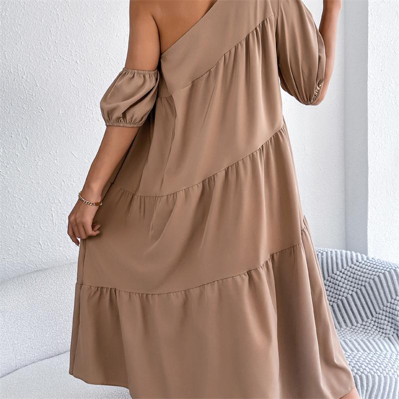 2026 Spring Summer Women's Off Shoulder Short Sleeved Ruffled Hem Long Skirt S-XL