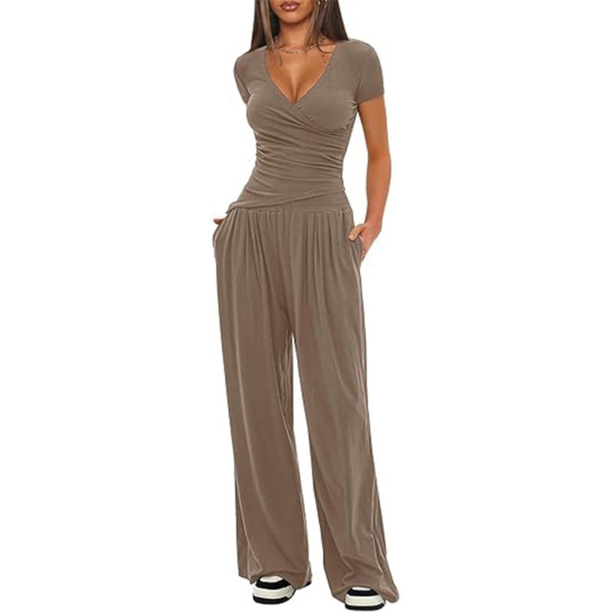 

Solid Color 2 Pieces Casual Outfit Set, V Neck Long Sleeve Top + Wide Leg Pants, Knit Relaxed Matching Sports Loungewear Suit for Women XS хакі