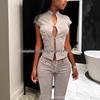 Y2K Spicy Girl Light Gray Embroidered Cropped Top with Frog Button and Stand Collar