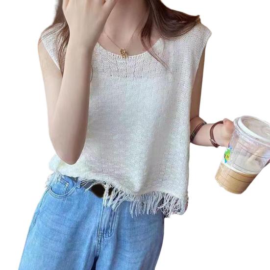 

Женские майки-топы с круглым вырезом, без рукавов, с бахромой по низу, майки-танки однотонные, свободного кроя, вязаные белый