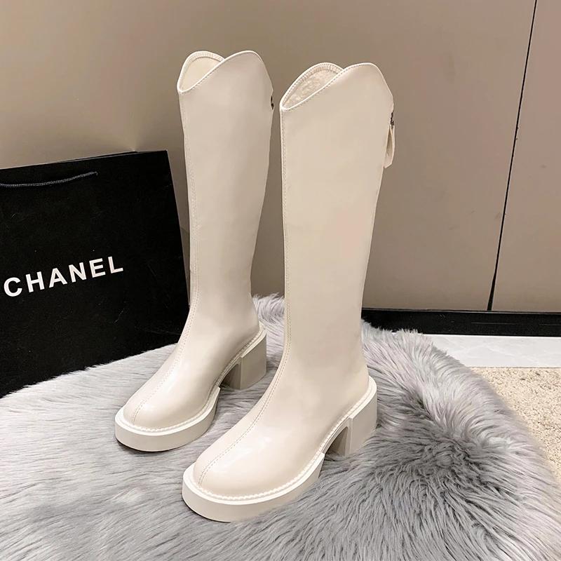 

Обувь для женщин 2024Новая мода остроносые толстые каблуки женские сапоги до колена зимние теплые бежевые длинные сапоги Zapatos De Mujer 35