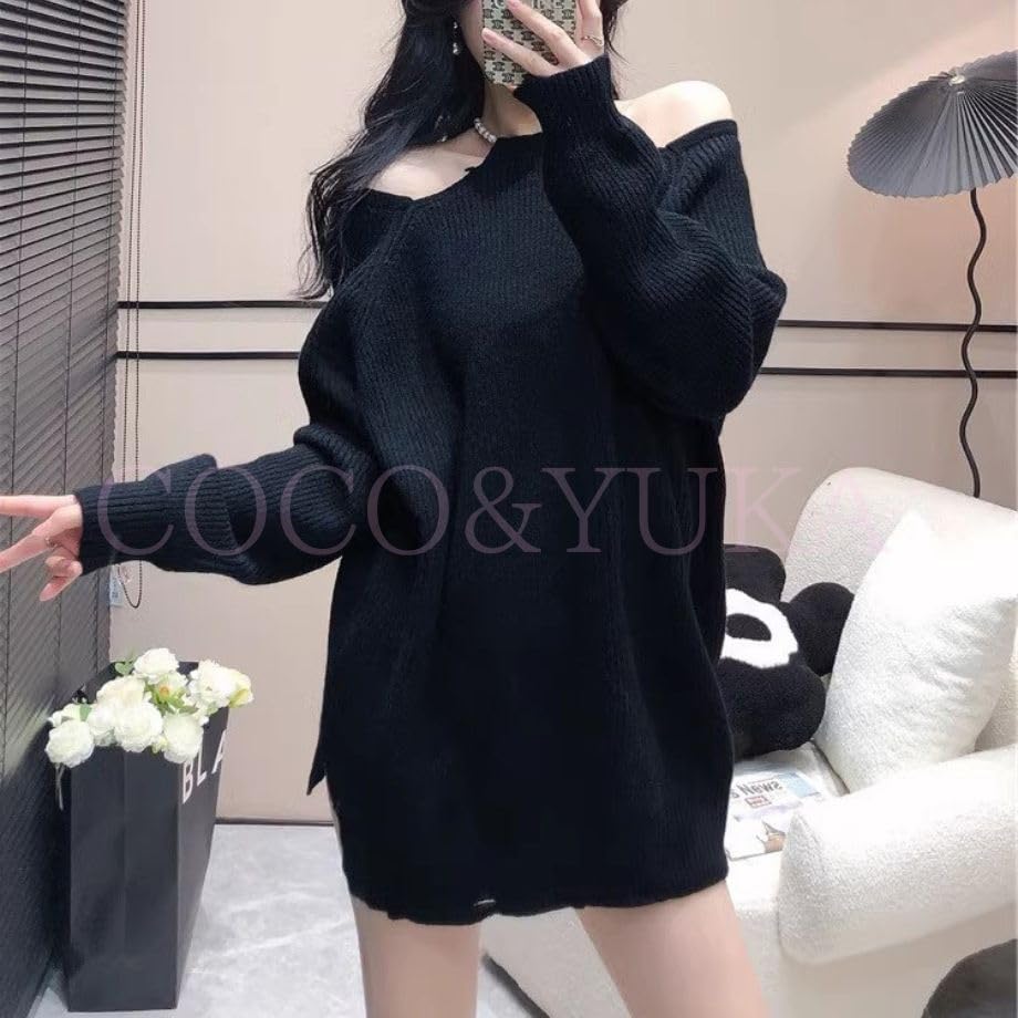 Coco Yuka Knit Sweater Mini Long Loose Sexy Tunic Solid Pearl Detail Size & Off-the-Shoulder Dress, Sleeves, Fit, Dress, Off-the-Shoulder, Cute,