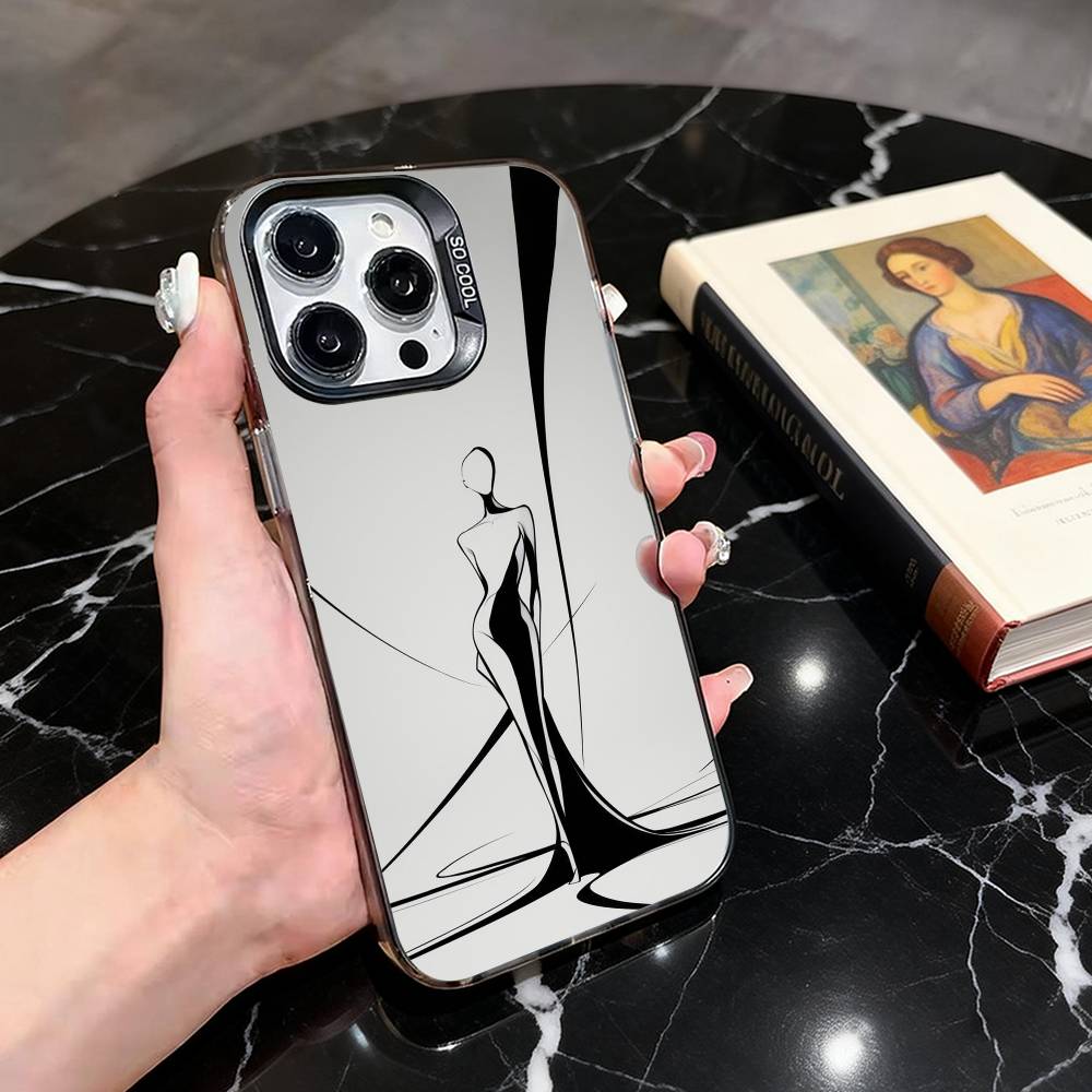 

Elegant Lady Silhouette Phone Case For iPhone 17,16,15,14,13,12,11 Plus,Pro Max,XS,Colored Silver Plated Inside Cover iPhone16se4