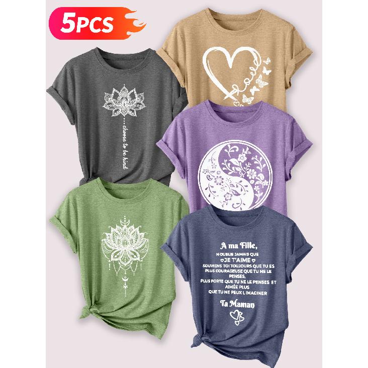 Lele Orientation Five-piece set for beautiful women T Shirt Mandala Lotus Yin-Yang Floral Heart Butterfly French Message Vintage Print Summer Casual