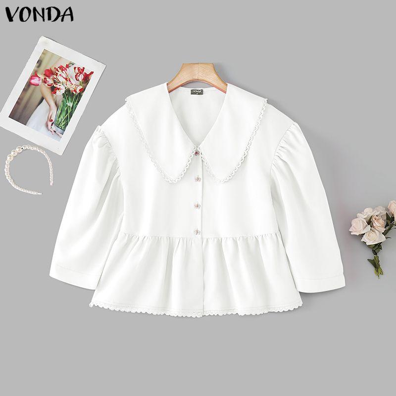 

VONDA Women Doll Collar Loose Casual Long Sleeve Lace Hem Blouse 5XL белый