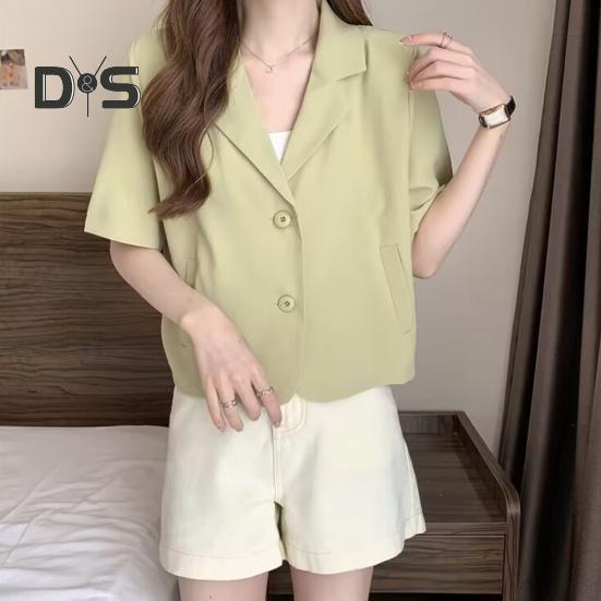 Dámské sako s klopami, krátkým rukávem a volným střihem, s kapsami, jednobarevné, volného střihu, letní business kabát