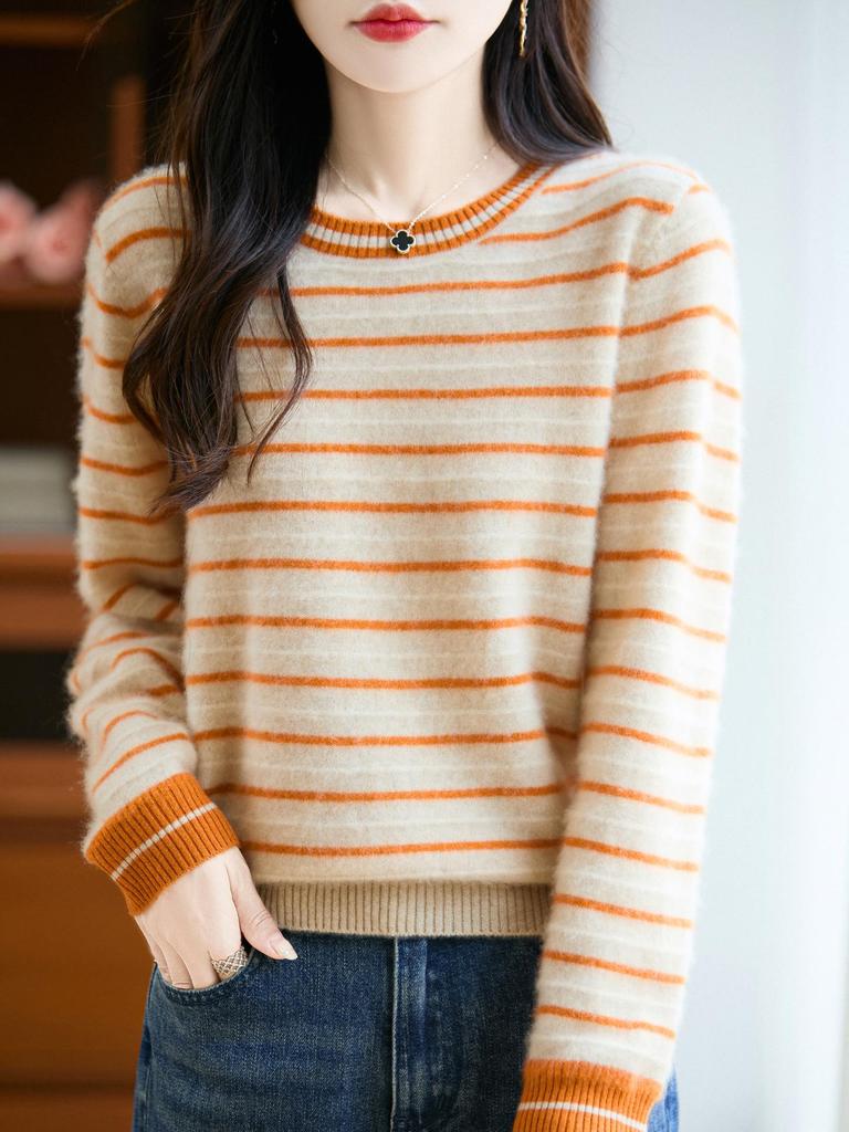 Women's Autumn 2025 Striped Cashmere Knit Sweater - Round Neck & Long Sleeve, Loose Fit